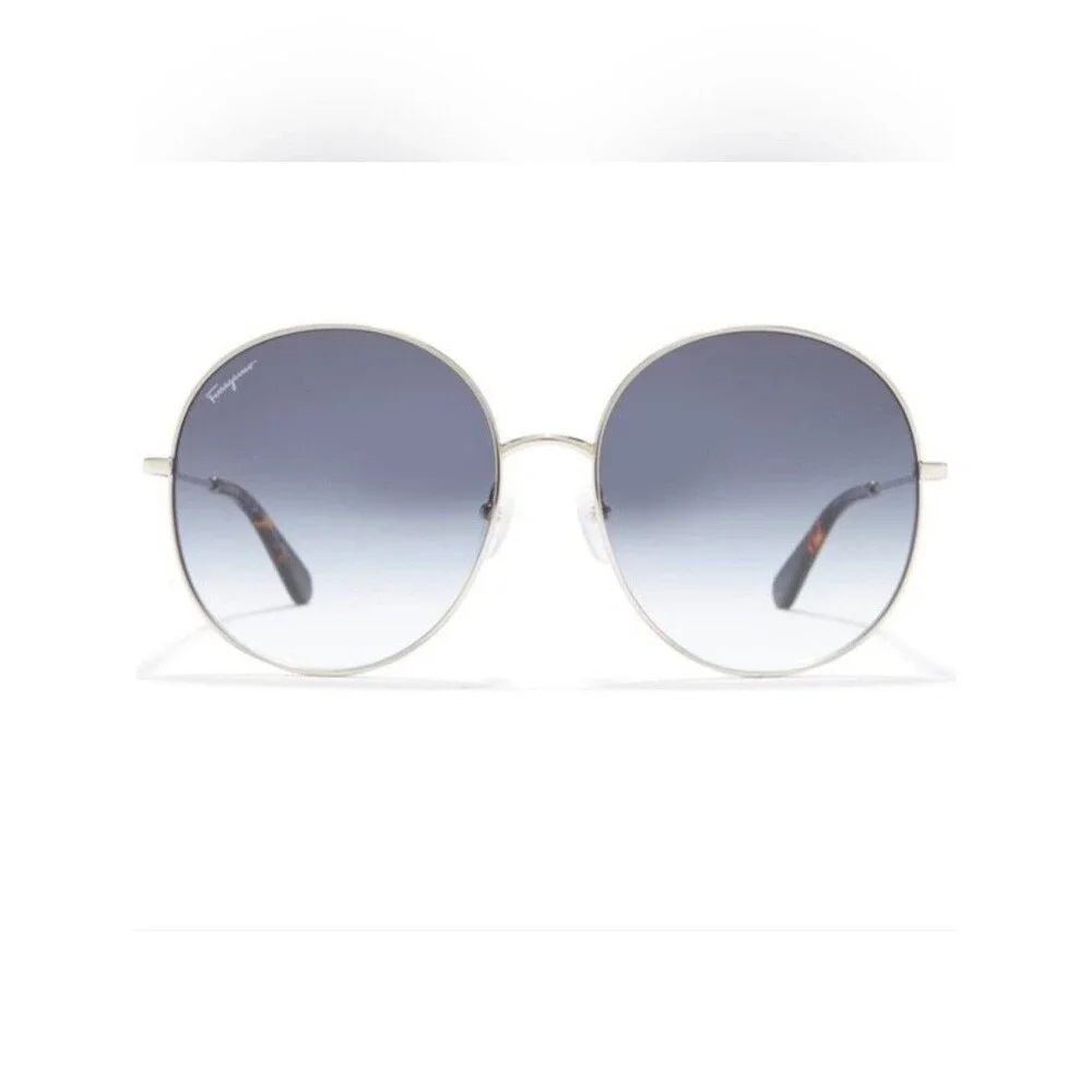 FERRAGAMO Oversized Gradient Blue Round Lens Silver Color Frame Sunglasses 60mm